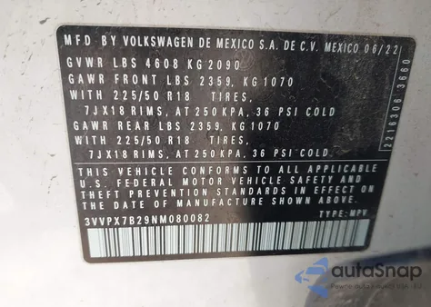 2022 Volkswagen Taos 1.5T Se из США, поврежденный, VIN 3VVPX7B29NM080082